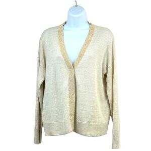Eileen Fisher Linen Cardigan Sweater ? Size Ivory Gold Metallic Trim Snap Front